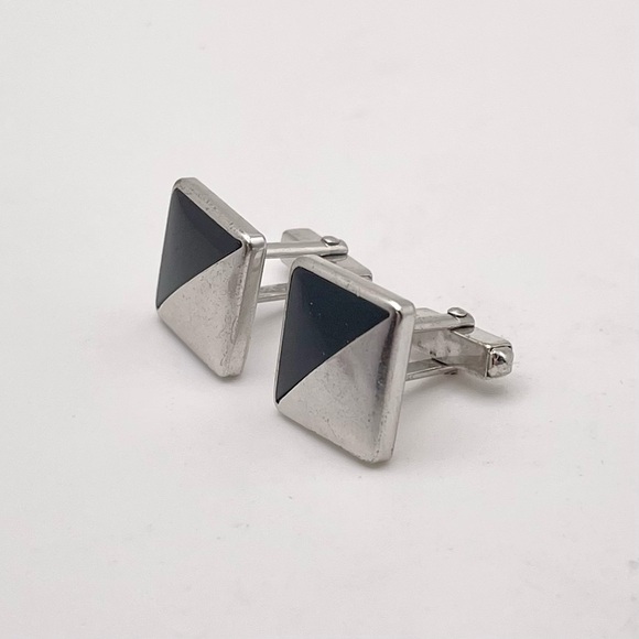 Elegant Vintage Anson Silver Tone a Black Cufflinks With Geometric Block Design - Picture 7 of 12